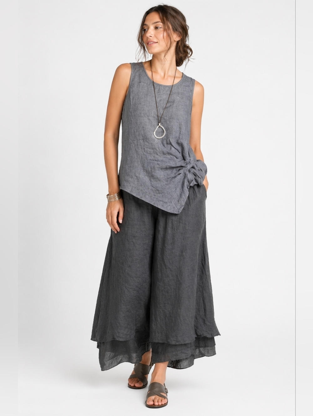 Inizio Linen Sleeveless Ruched Assymetrical Hilo Blouse Top Gray Italy Size XL - Picture 6 of 6